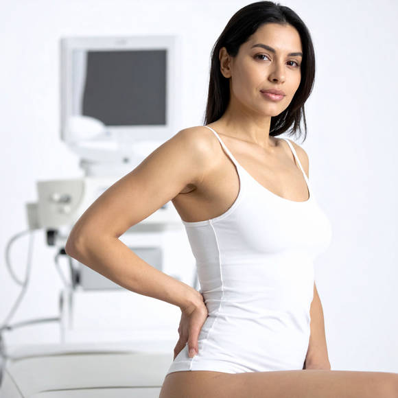 Woman sitting on a medical examination table, gently holding her lower back, in a modern clinic setting