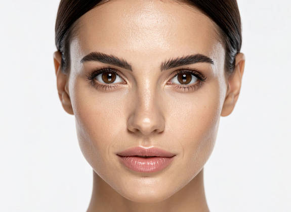 Portrait of a woman with smooth skin and symmetrical features highlighting youthful eyes