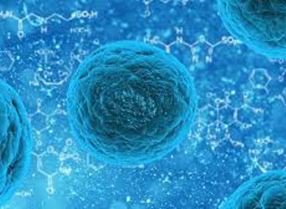 Close up illustration of blue stem cells under microscope, symbolizing regenerative medicine and cellular therapy