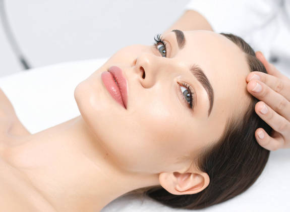 Patient lying down during facial implant consultation, examined gently by plastic surgeon